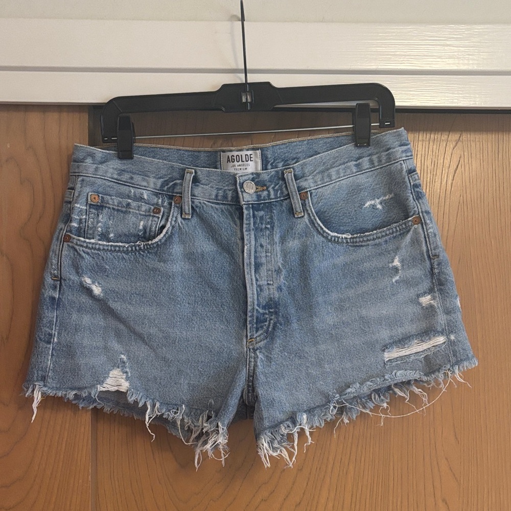 Agolde Frayed Hem Blue Jean Shorts